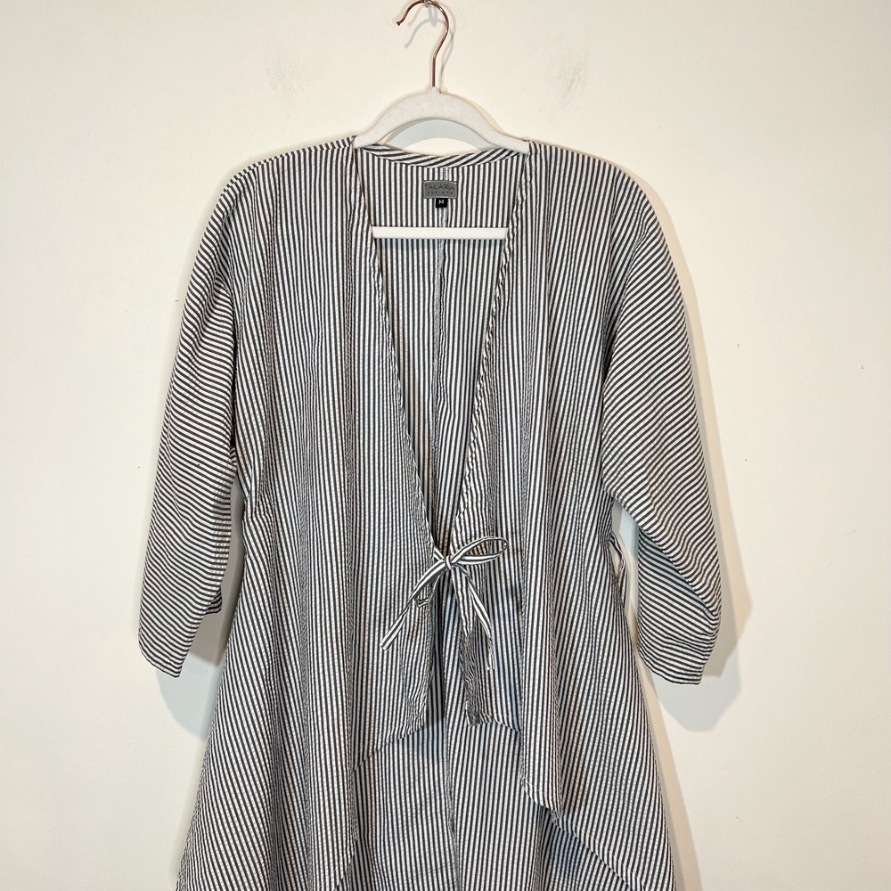 Striped Tie Front Cardigan Asymmetrical Lagenlook Boho Grunge Cover Up Size M - Picture 6 of 13